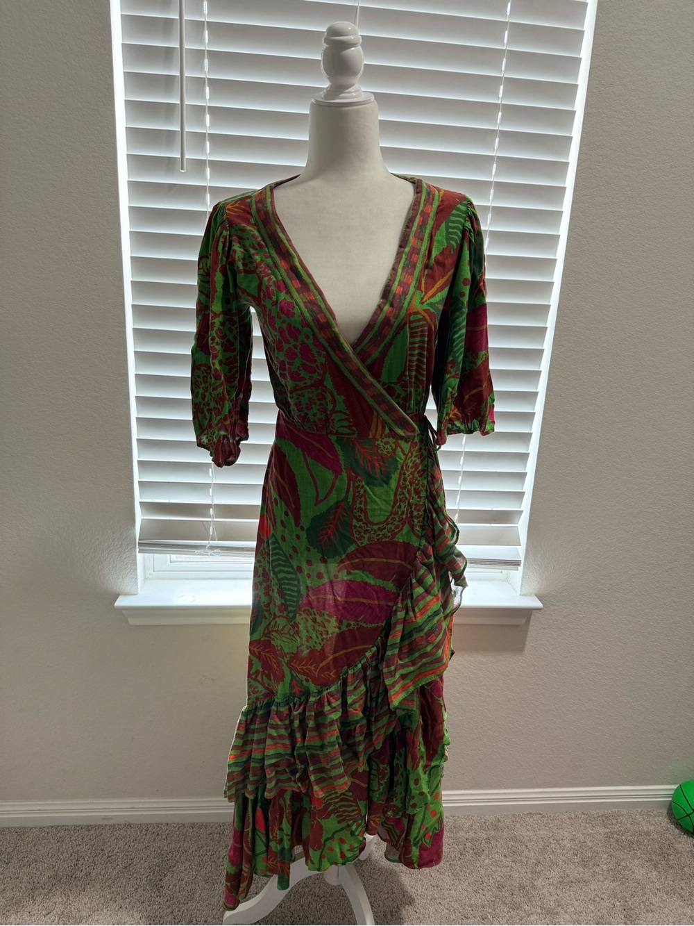 Farm Rio Tropical Floral Wrap Dress in Green & Red - Picture 4 of 11